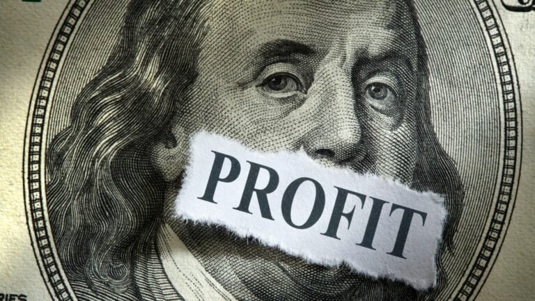 What factors impact profitability: a dollar bill with a small piece of paper with "profit" written on it.