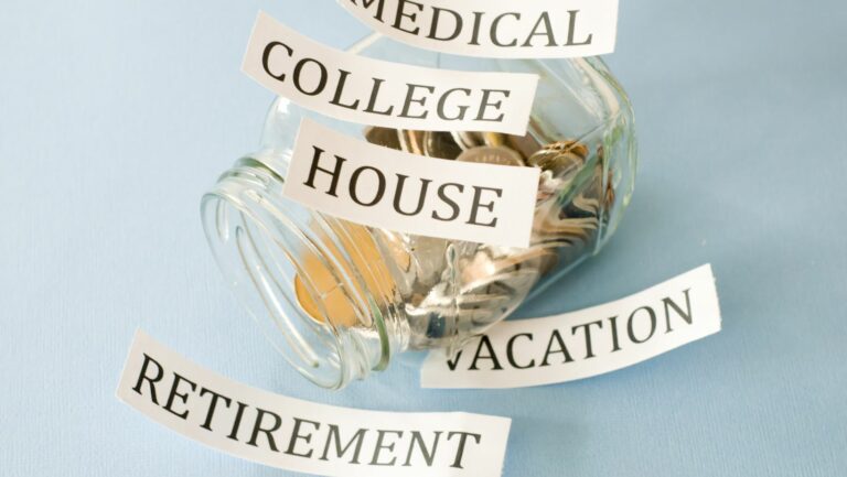 How can I cut cost faster? A glass with coins and labels: "medical," "college," "house," "vacation," and "retirement."