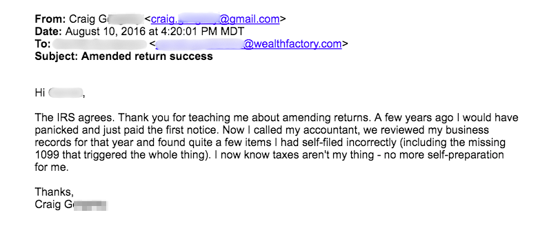 Thank you email from Wealth Factory client telling us that our system worked for him and brought him a big tax return.