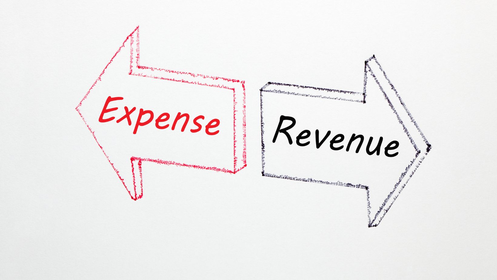 Is cash flow a revenue or expense: two arrows, one in red pointing to the left, labeled expense, and one in black, pointing to the right, labeled revenue.